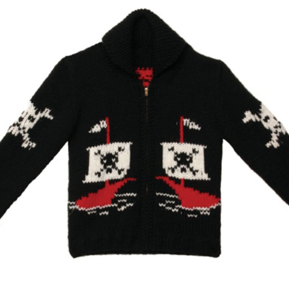 Vintage Hand Knit Wool Cowichan Sweater | Pirate design | sz S